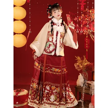 2 Цвета, комплект зимнего платья Ханфу в Традиционном китайском стиле, Плотное Пальто Династии Мин, Классическая Юбка с лошадиным лицом, Сказочная Накидка, Плащ