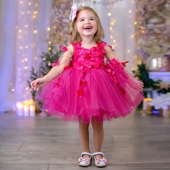 2022 Платье Принцессы с цветочным узором для Девочек С Короткими рукавами-бабочками Темно-Розовое Бальное Платье из Тюля для Вечеринок Для девочек, Платья для Причастия