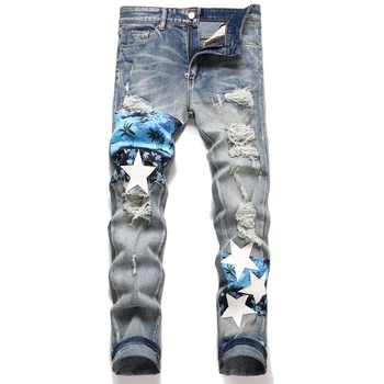 2023 Streerwear, Обтягивающие мужские джинсы, Модные Джинсовые брюки с нашивкой в виде белой звезды, хип-хоп, ретро, Хлопковые эластичные брюки, джинсы Harajuku