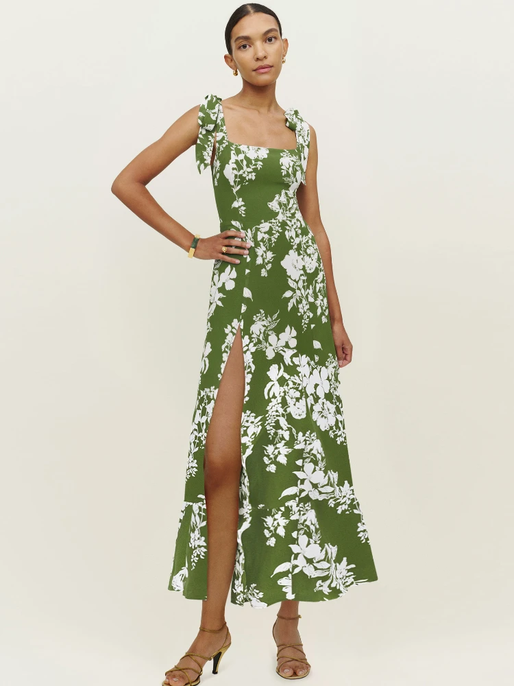 2023 Весна Лето, Новое Модное Элегантное Длинное женское платье с цветным контрастным принтом, без рукавов, на бретельках, Женская одежда с высокой талией - 1