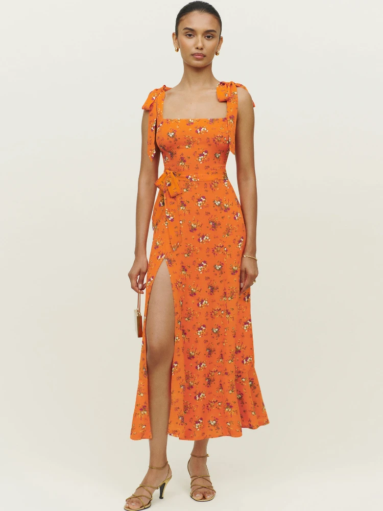2023 Весна Лето, Новое Модное Элегантное Длинное женское платье с цветным контрастным принтом, без рукавов, на бретельках, Женская одежда с высокой талией - 4