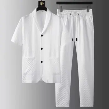 2023 Модные Весенне-летние Мужские Повседневные комплекты из двух предметов, Рубашки с коротким рукавом, Длинные брюки, Костюм с рисунком, Мужская Повседневная Уличная одежда