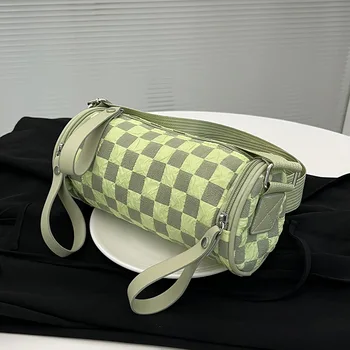 2023 новая женская сумка через плечо, трендовая модная сумка для мобильного телефона через плечо, клетчатая шахматная доска, широкий плечевой ремень, сумка-цилиндр, женская