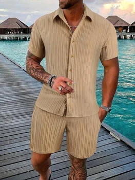 2023 Новая летняя Мужская однотонная рубашка в полоску, Шорты с коротким рукавом, Повседневный Пляжный Гавайский высококачественный комплект из 2 предметов