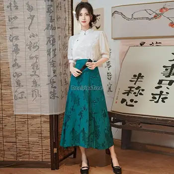 2023, новая юбка в китайском национальном стиле, синяя жаккардовая юбка с высокой талией, трапециевидная юбка с разрезом и пряжкой, ретро комплект ципао из двух предметов