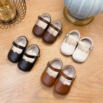 2023 Осенняя модная кожаная обувь для маленьких девочек, Корейская однотонная нескользящая обувь, Повседневная обувь для малышей на мягкой подошве