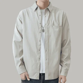 2023, Осенняя Мужская однотонная мягкая рубашка с длинным рукавом, Нагрудный карман, Однобортная Модная Свободная футболка, повседневная мужская повседневная куртка