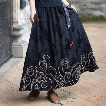 2023 традиционная китайская винтажная юбка, атласная жаккардовая юбка с вышивкой в виде национальных цветов, восточная юбка трапециевидной формы с эластичным поясом