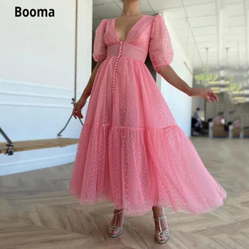 Booma/ Розовые пышные тюлевые Платья Миди для выпускного вечера с глубоким V-образным вырезом и Половинчатыми рукавами На пуговицах, Вечерние платья Трапециевидной формы Чайной длины, Вечерние платья