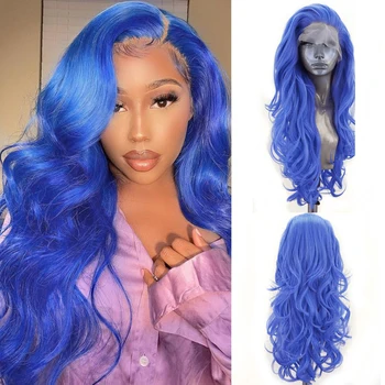 Charisma Длинный Волнистый Парик с боковой частью, Синтетический парик на кружеве Спереди, Натуральная линия роста волос, Синие Парики для женщин, Бесклеевые Парики для косплея