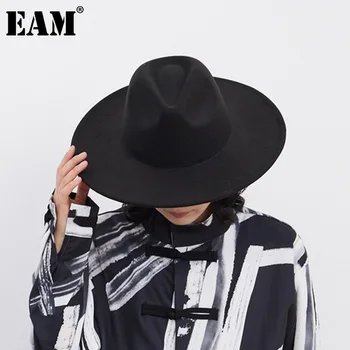 [EAM] Женская Элегантная Шерстяная шапка Черной формы, Новая Модная шапка с Круглым Куполом, Универсальная, Весна-Осень 2023 1DF3952