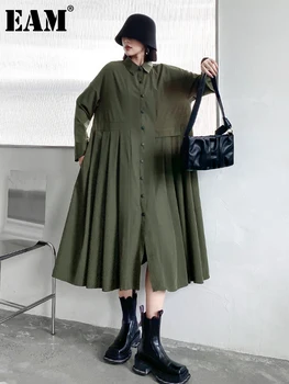 [EAM] Женское Зеленое Плиссированное Длинное Платье-рубашка Большого Размера, Новое Платье с Отворотом и Длинным рукавом Свободного Кроя, Модный Прилив, Весна-Осень 2023 1DF1707
