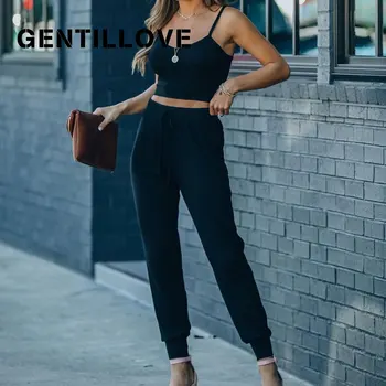 Gentillove Женский Летний Комплект из двух предметов 2021, Длинные брюки с эластичной резинкой на талии, Повседневные однотонные топы на бретелях со шнуровкой, спортивный костюм