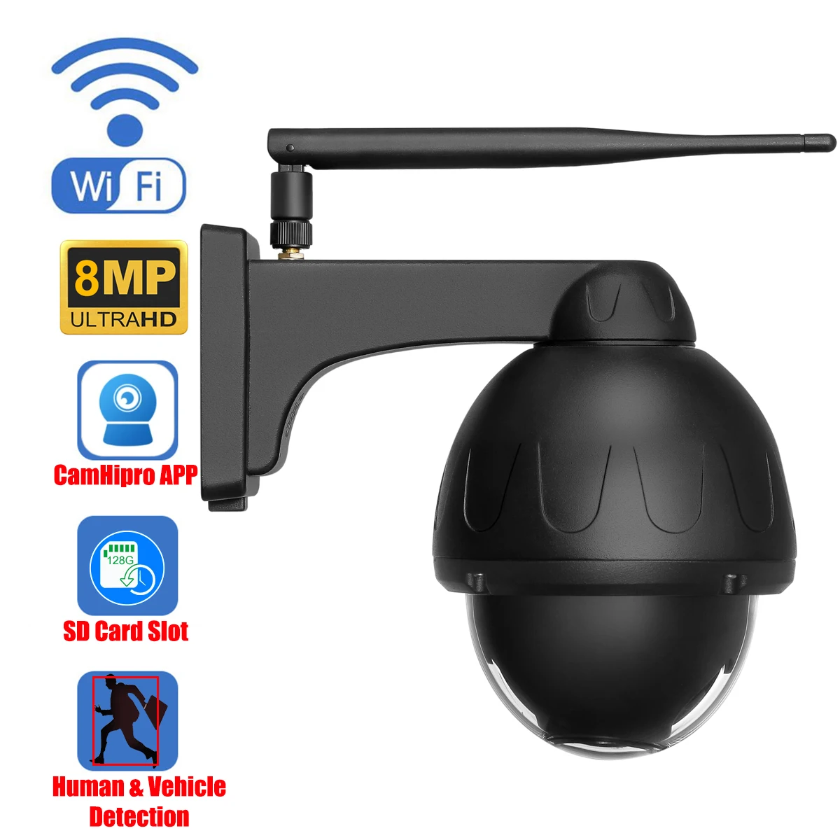 OwlCat 8-мегапиксельная наружная водонепроницаемая черная купольная IP-камера 4K HD Human Smart Автоматическое отслеживание Обнаружения транспортного средства Слот для SD-карты Аудио - 0