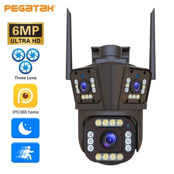PEGATAH 6-мегапиксельная IP-камера с Тремя Объективами и Экранами PTZ Наружная Камера Ночного Видения PTZ Security Cam Беспроводные Камеры Видеонаблюдения