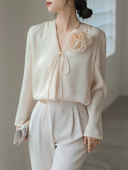QOERLIN Apliques Rose, свободный элегантный женский офисный топ с V-образным вырезом и длинными рукавами, блузка на скрытых пуговицах, топы в горошек