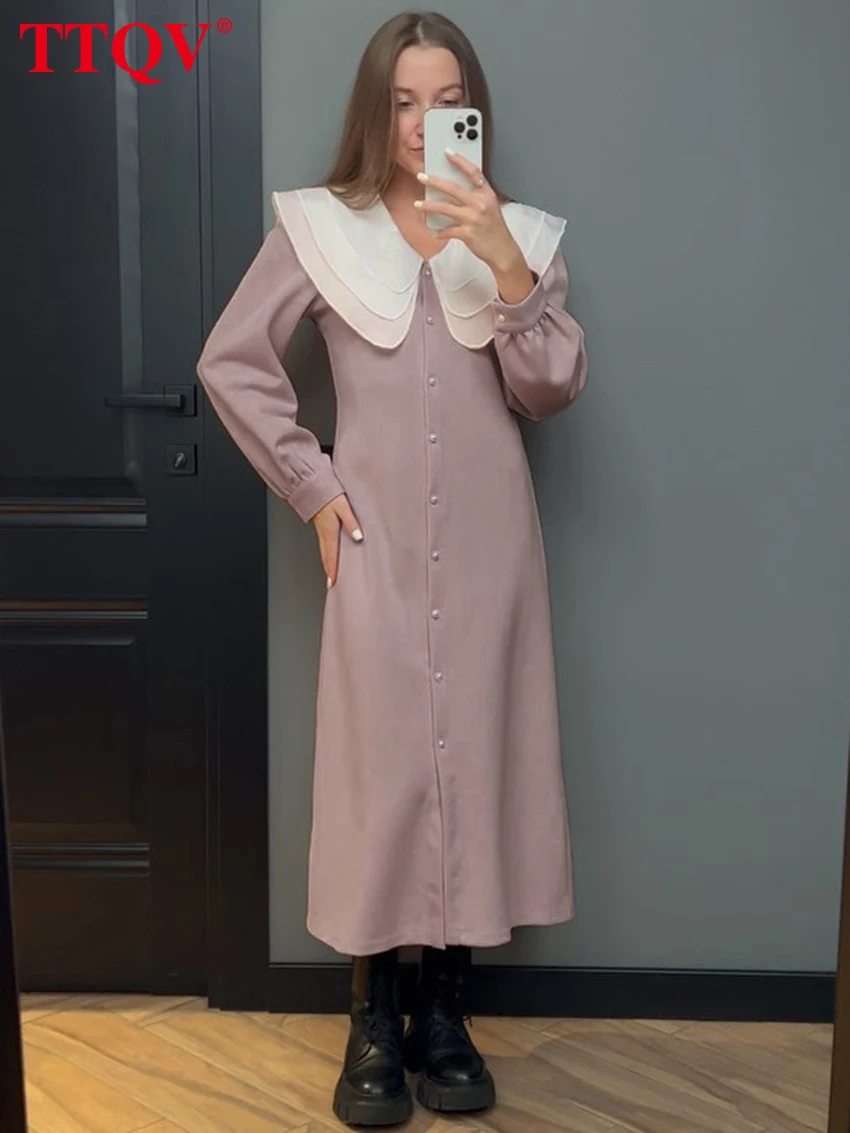 TTQV Элегантное Розовое Женское платье в стиле пэчворк, Осенние длинные Однобортные платья, Модное прямое платье миди, Женская одежда - 2