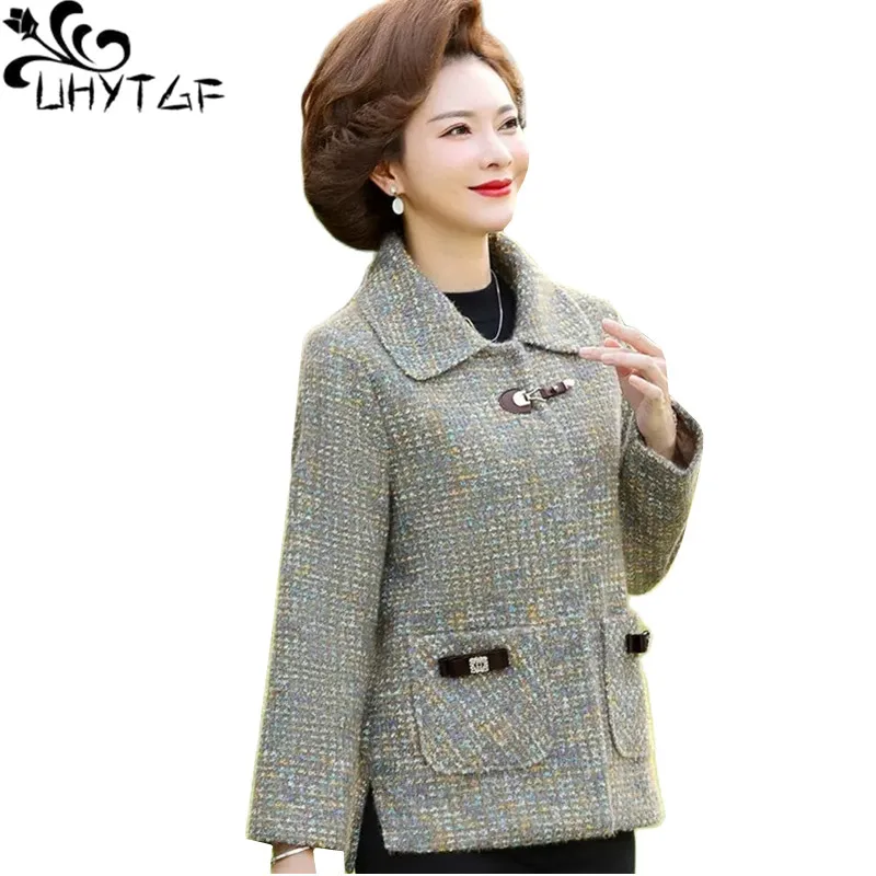 UHYTGF Новое весенне-осеннее шерстяное пальто для женщин среднего возраста, Повседневная короткая куртка для пожилых Людей, Корейская Свободная женская верхняя одежда 2229 - 0