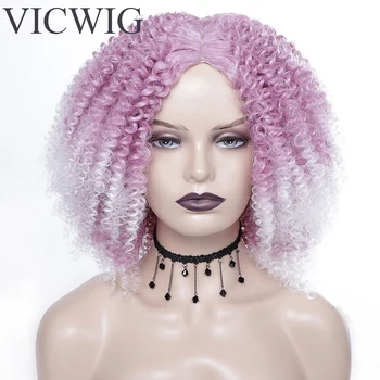 VICWIG Короткие Афро Извилистые Синтетические Парики Розовый Омбре Черный для Женщин Натуральные Огненные Искусственные Волосы Высокой Температуры Афроамериканец