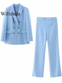 Willshela/ Женские модные костюмы из 2 предметов, двубортный блейзер и винтажные брюки с боковой молнией, женский Офисный женский блейзер и брюки, Комплект