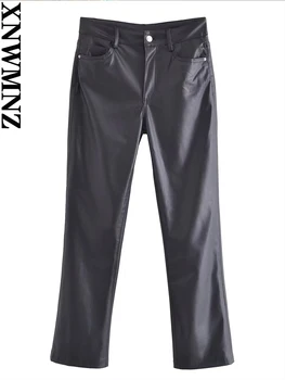 XNWMNZ 2023, женские модные мини-брюки-клеш из искусственной кожи, женские ретро-брюки с высокой талией и карманами на молнии, женские шикарные брюки
