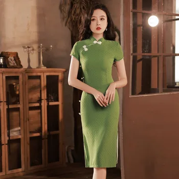 Yourqipao Лето 2023, Зеленый Ципао с короткими рукавами, Элегантный Винтажный Повседневный Ципао в Китайском Стиле, Вечернее Платье-мандарин для женщин
