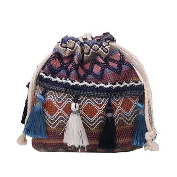 Богемная сумка-мешок с принтом, тканая сумка в корейском стиле, сумки через плечо, Женская сумка на шнурке, сумка в этническом стиле