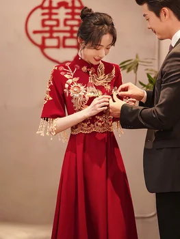 Бордовые банкетные платья в Восточном стиле, Китайский Винтажный Традиционный Свадебный Чонсам, Элегантное вечернее платье с кисточками
