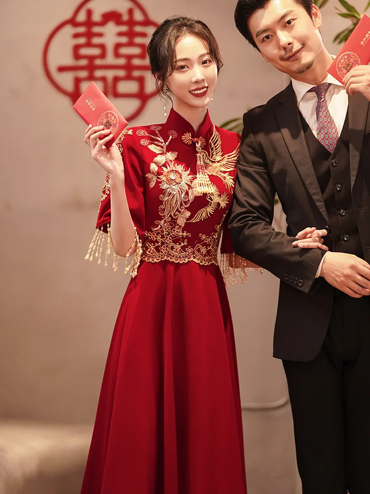 Бордовые банкетные платья в Восточном стиле, Китайский Винтажный Традиционный Свадебный Чонсам, Элегантное вечернее платье с кисточками - 1
