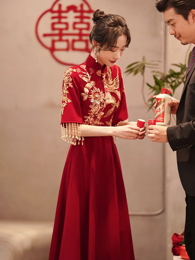 Бордовые банкетные платья в Восточном стиле, Китайский Винтажный Традиционный Свадебный Чонсам, Элегантное вечернее платье с кисточками - 3