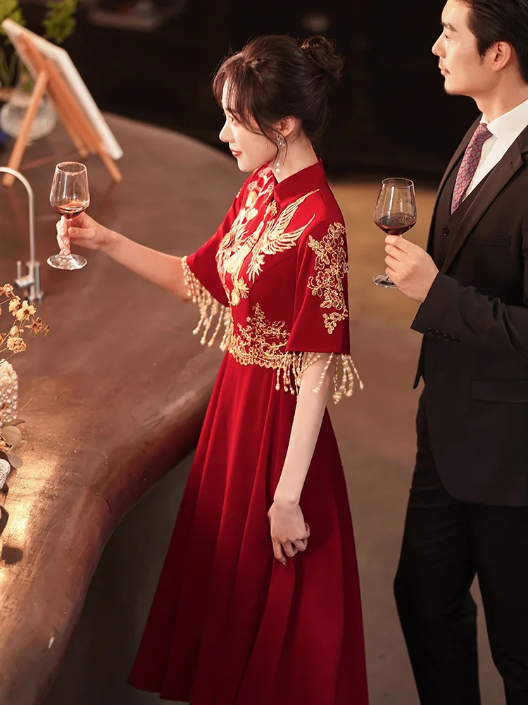 Бордовые банкетные платья в Восточном стиле, Китайский Винтажный Традиционный Свадебный Чонсам, Элегантное вечернее платье с кисточками - 4