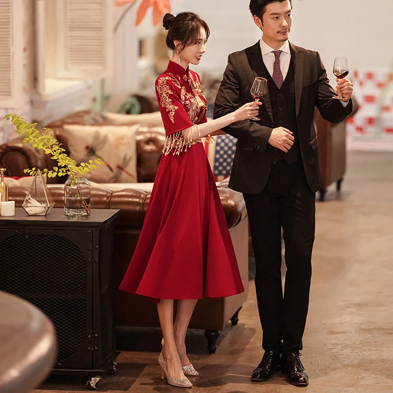 Бордовые банкетные платья в Восточном стиле, Китайский Винтажный Традиционный Свадебный Чонсам, Элегантное вечернее платье с кисточками - 5