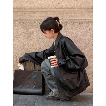 Винтажная куртка из искусственной кожи, женская высокотехнологичная уличная одежда, негабаритные мотобайкерские пальто в стиле панк, Свободная Повседневная укороченная Верхняя одежда