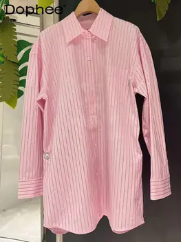 Высококачественная полосатая рубашка с длинными рукавами из страз, женская одежда для тяжелой промышленности, высококачественная Свободная милая розовая блузка, весенне-летняя одежда