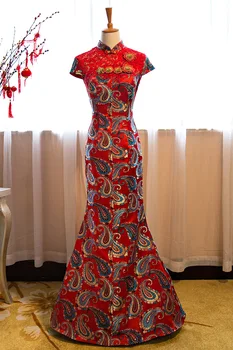 Высококачественное Красное Китайское Традиционное Платье С Вышивкой, Китайское Свадебное Платье, Женское Ципао, Длинное Платье Чонсам Русалки для Вечеринки 6