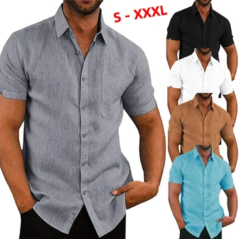 Горячая мужская модная повседневная хлопковая рубашка с короткими рукавами 2023, летняя новая однотонная рубашка, топы