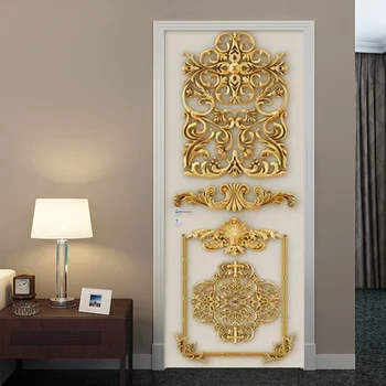 Дверная Наклейка 3D Стерео Золотые Рельефные Резные Цветочные Обои Гостиная Спальня Роскошный Домашний Дверной Плакат ПВХ Водонепроницаемые Наклейки