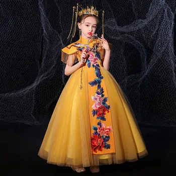 Детская Новая Китайская традиционная одежда для Подиума, Детское великолепное платье Принцессы с блестками и вышивкой, пышная юбка для вечеринки для девочек