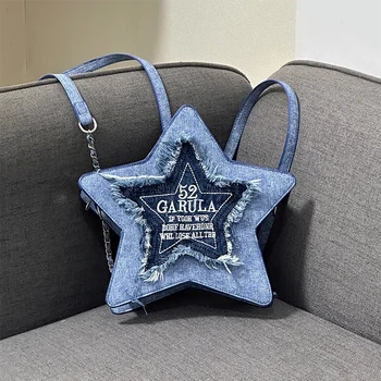 Джинсовый синий симпатичный рюкзак с пятиконечной звездой, Вышитая кисточкой с буквами Y2K Millennium, женская сумка через плечо, тренд 2023