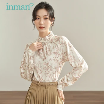Женская блузка INMAN 2023, Осенние Свободные Рубашки с длинными рукавами и кружевным воротником-стойкой, Элегантные топы с цветочным принтом для поездок на работу