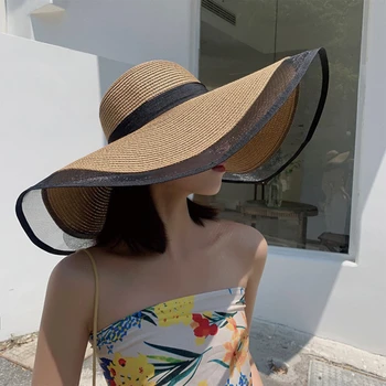 Женская Летняя шляпа с большими полями, Темпераментная Рыбацкая шляпа из органзы, Женский летний тонкий солнцезащитный козырек, Соломенная шляпа для пляжного отдыха, солнцезащитная шляпа