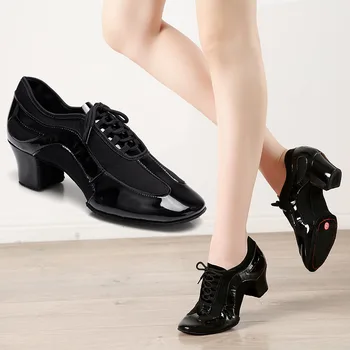 Женская обувь для учителей, Женская Обувь для бальных танцев для Джаза и Сальсы Для девочек, Кроссовки для тренировок исполнителей на среднем каблуке, 5 см, черные