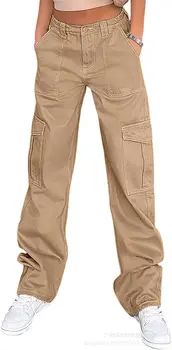 Женские брюки-карго, повседневные брюки с высокой талией, мешковатые эластичные широкие брюки Y2K, уличная одежда с 6 карманами