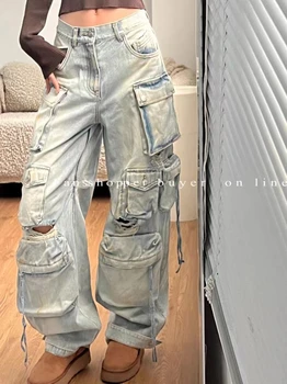 Женские мешковатые джинсы с высокой талией, карман с клапаном, свободная посадка, Прямые широкие брюки Y2K 2023, Модные джинсы-карго с завязками
