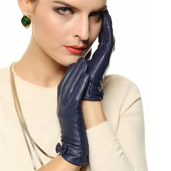 Женские перчатки из натуральной кожи, женские перчатки из овчины с бантом на запястье, Весенне-Осенние тонкие Бархатные варежки L101PQ-1