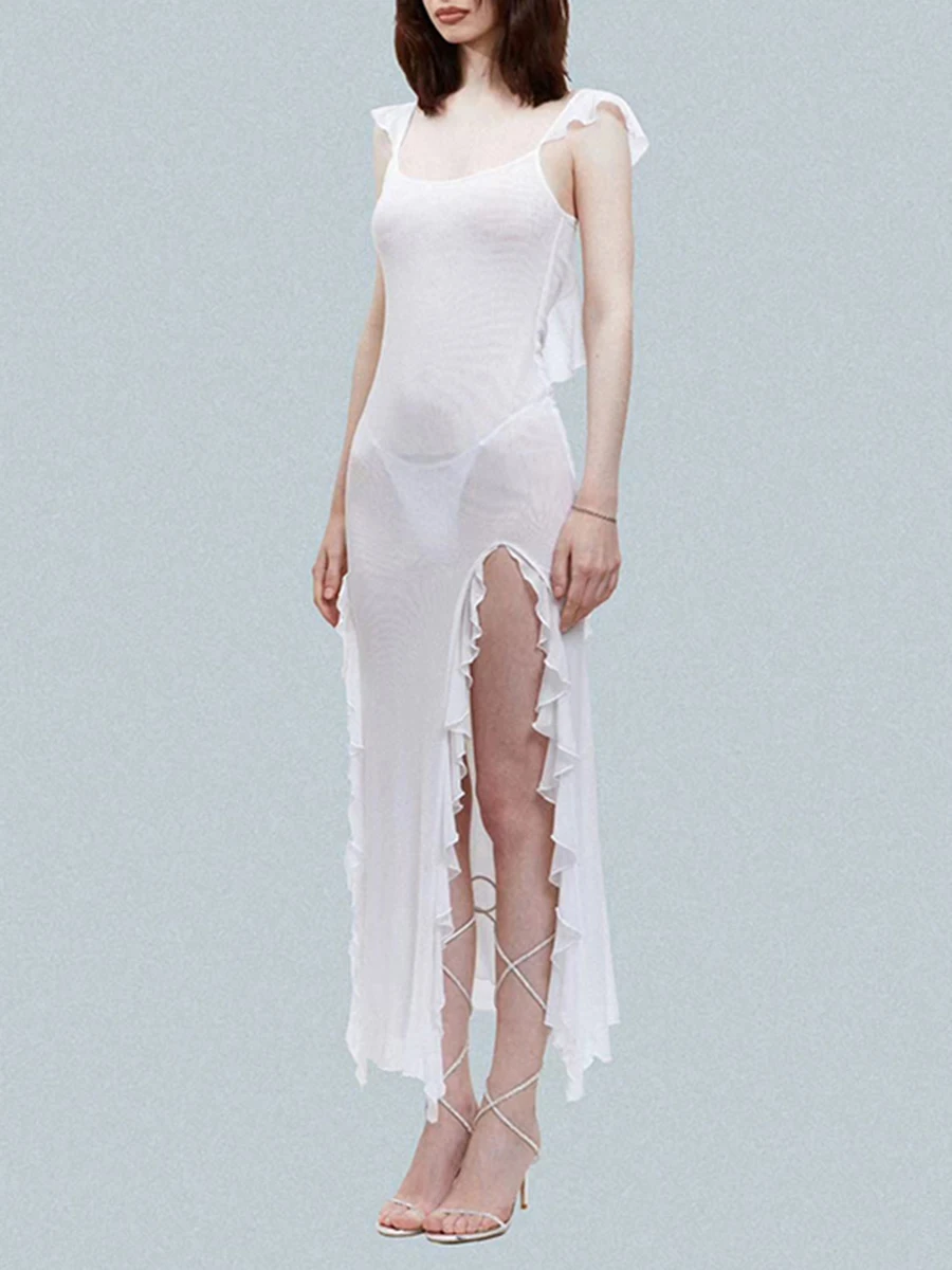 Женское платье макси с открытыми плечами и цветочным принтом, с гофрированным подолом и завязкой на талии - Элегантное летнее праздничное платье - 1