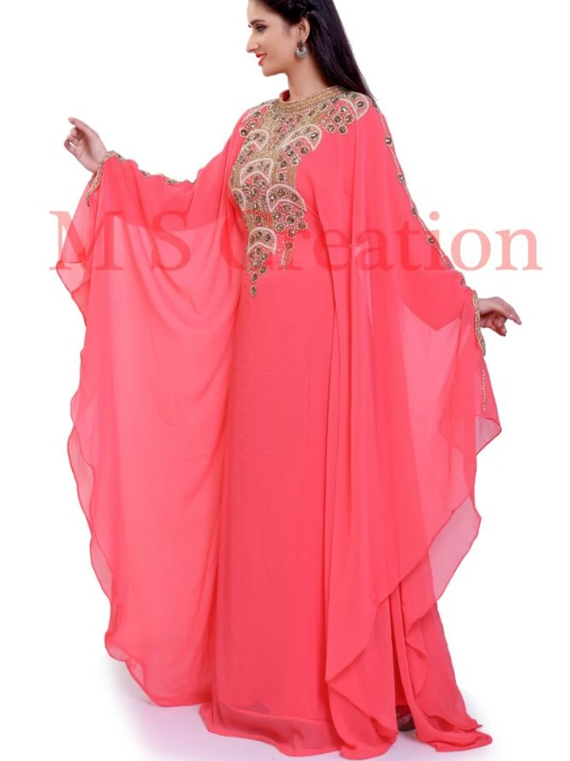 Женское платье с длинными рукавами, Изысканная Длинная Юбка, Марокканское Персиковое платье из Жоржета, Халат Фараша, Дубай, Индийская одежда - 1