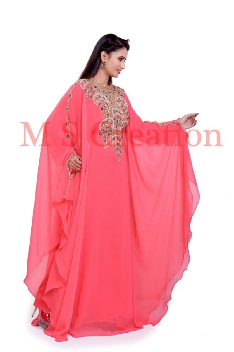 Женское платье с длинными рукавами, Изысканная Длинная Юбка, Марокканское Персиковое платье из Жоржета, Халат Фараша, Дубай, Индийская одежда - 2