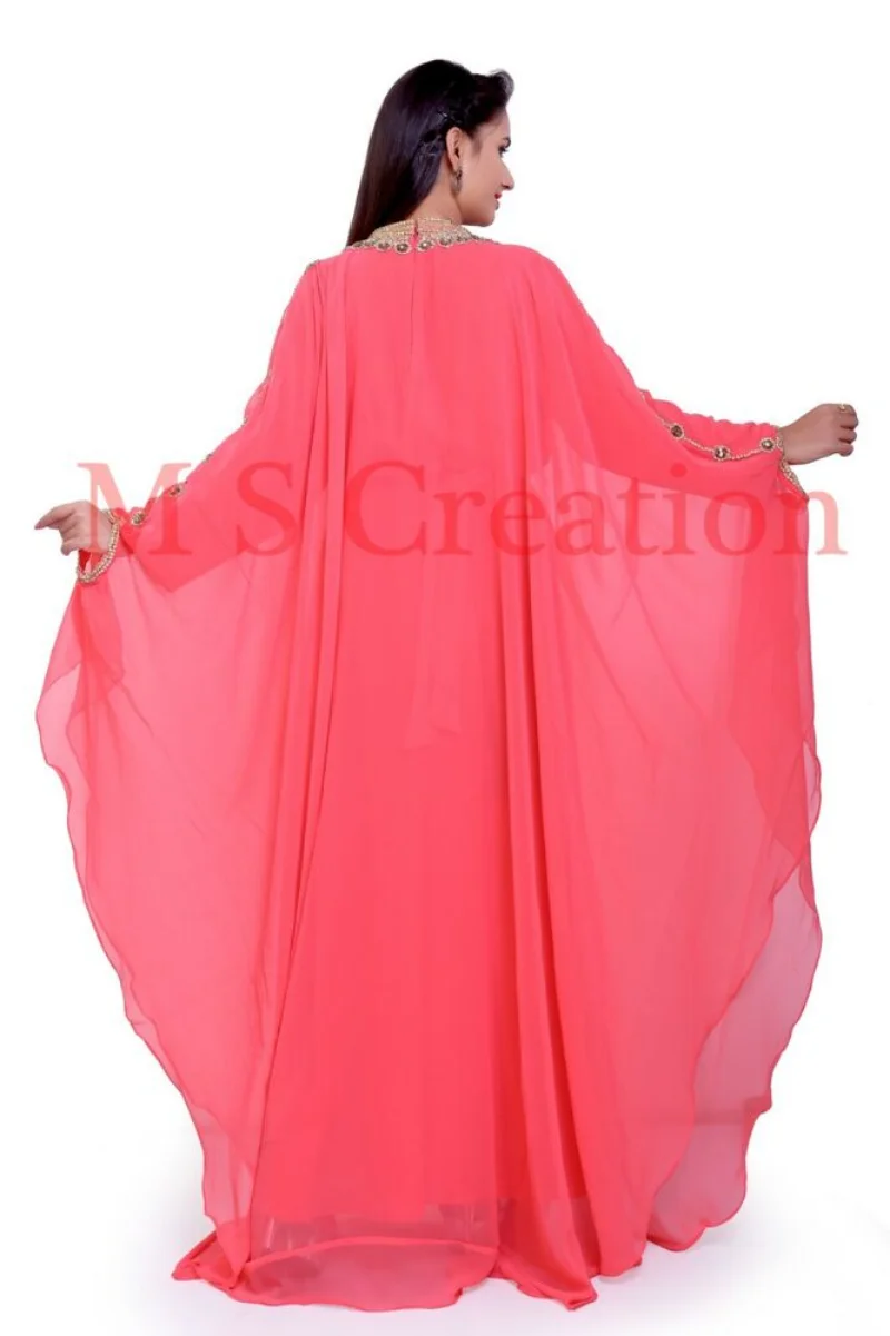 Женское платье с длинными рукавами, Изысканная Длинная Юбка, Марокканское Персиковое платье из Жоржета, Халат Фараша, Дубай, Индийская одежда - 3