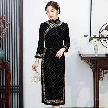 Зимнее женское платье Ципао с воротником-стойкой в китайском стиле, Длинное черное платье-Ципао с меховым воротником в китайском стиле, Вьетнамское Традиционное восточное платье-ципао для подиума